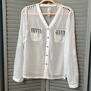 Gracie Shear, Shimmer and Studded White Blouse, V-Neck, Tab Sleeves, Size L